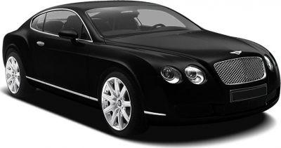 Sleek black coupe with distinctive front grille and dual round headlights