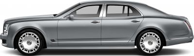 Side profile of a luxury sedan with long wheelbase and distinctive chrome trim
