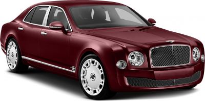 Luxury sedan front side view with large mesh grill and round headlights