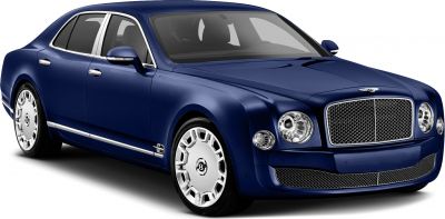 Blue luxury sedan with chrome grille and distinctive wheels