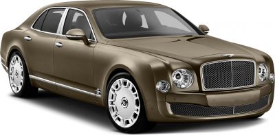 Front and side view of luxury sedan with round headlights and chrome mesh grille