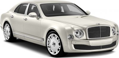 Front and side profile of a luxury sedan with chrome grille and round headlights