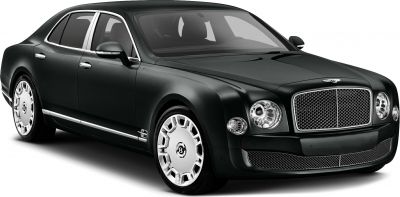 Luxury sedan front view with large mesh grille and distinctive multi-spoke wheels