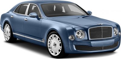 Luxury sedan front three-quarter with iconic grille and round headlights