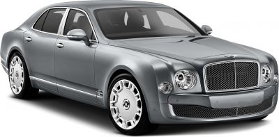 Luxury sedan with prominent mesh grille and round headlights in silver.