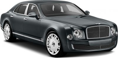 Luxury sedan front side view with iconic grille and round headlights