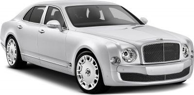Luxury sedan front view with iconic grille and round headlights