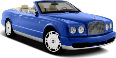 Blue luxury convertible with beige interior and classic Bentley grille.