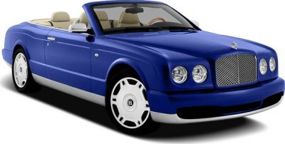 Blue convertible with beige leather interior, front side angle view