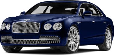 Luxury sedan front view with chrome mesh grille and alloy wheels.