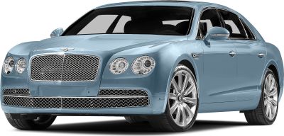 Blue luxury sedan with mesh grille and dual circular headlights.