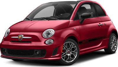 Red compact hatchback front and side view with sporty wheels