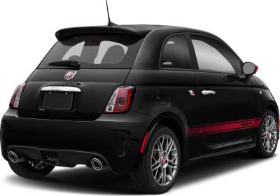 Compact hatchback rear and side with dual exhaust and red side stripes