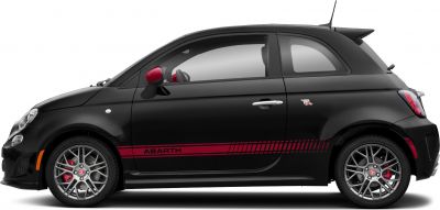 Side view of sporty black compact car with red accents and alloy wheels