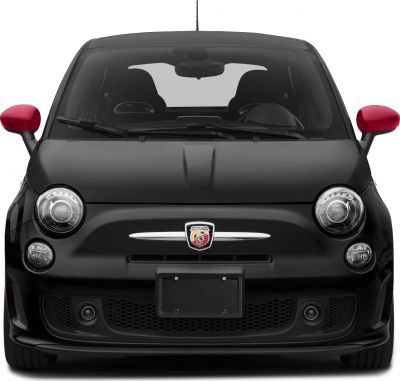 Front view of compact hatchback with round LED headlights and red side mirrors