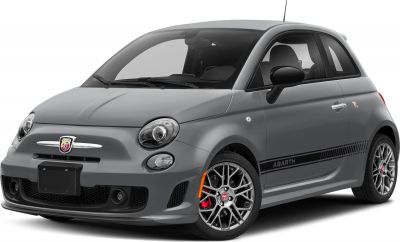 Gray sporty compact hatchback with distinctive alloy wheels and Abarth decals