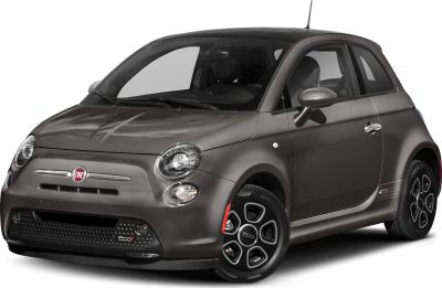 Front and side view of a compact electric hatchback with round headlights and aerodynamic design