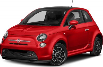 Red electric subcompact car with distinctive round headlights and black perforated front bumper.