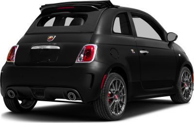 Rear view of a compact hatchback with folded convertible roof and dual exhaust tips.
