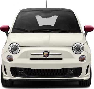 Round LED headlights and red side mirrors on compact car front