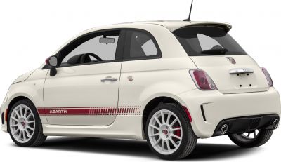 Rear side view of sporty compact hatchback with Abarth branding and dual exhausts.
