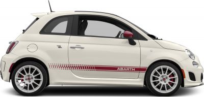 Side profile of small hatchback with sporty decals and white wheels