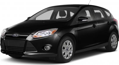 Black hatchback with front side view, headlights, and alloy wheels