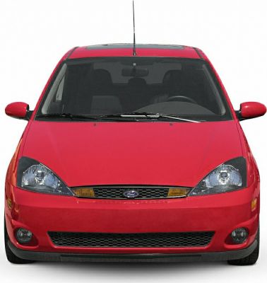 Red hatchback front view with prominent headlights and grille