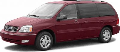 Front side view of a red minivan with a long body and multiple windows