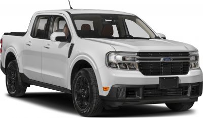 Front and side view of a midsize pickup truck with bold grille and black alloy wheels