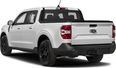 Rear side view of pickup truck with spacious bed and black wheels
