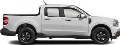 White pickup truck side profile with black rims and extended cab