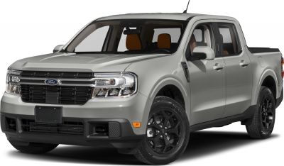 Front and side view of pickup truck with black grille and alloy wheels