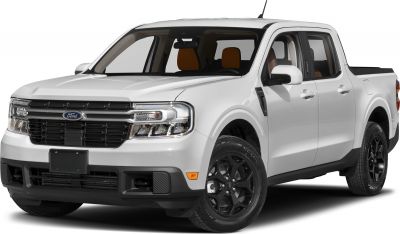 Front three-quarter view of a white pickup truck with black wheels