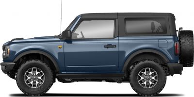 Side profile of two-door rugged SUV with all-terrain tires and spare rear-mounted tire.