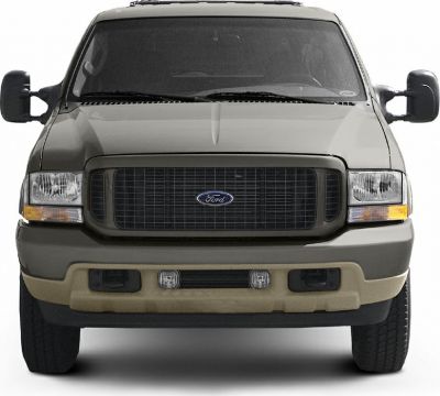 Front view with grille, headlights, and rugged bumper of an SUV