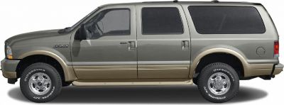 Side profile of a two-tone paint SUV with chrome wheels and tinted windows.