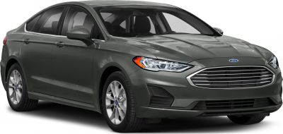Front-side view of sedan with distinctive grille and headlights