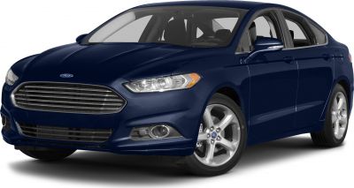 Front and side view of a sedan with horizontal grille and sleek headlights