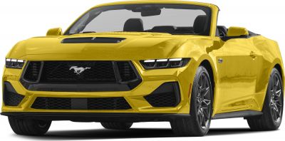Front view of convertible Mustang with aggressive grille and LED headlights