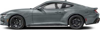 Side profile of a sporty coupe with 5.0 badge and black alloy wheels
