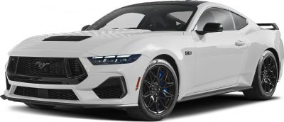 Aerodynamic white coupe with 5.0 V8 badge and black alloy wheels