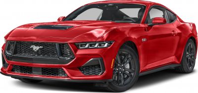 Red coupe with aggressive grille, 5.0 badge, black wheels, and hood vent