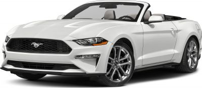 Front view with sharp headlights and alloy wheels of white convertible
