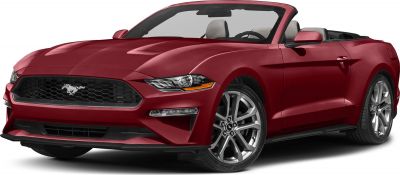 Red convertible with sporty wheels and aggressive front grille.
