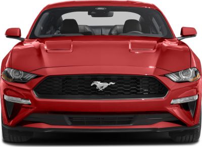 Red muscle car front with grille and aggressive headlights