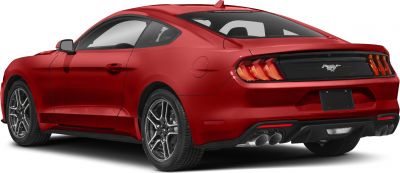Rear view of red sports coupe with triple-bar taillights and quad exhaust pipes