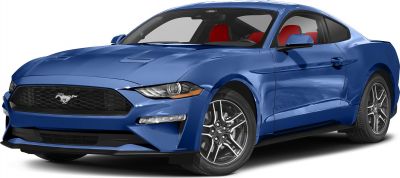 Blue Mustang front side with red interior and aggressive grille