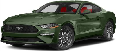 Front angle view with aggressive grille and red interior seats