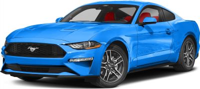 Blue sports coupe front with honeycomb grille and stylized headlights